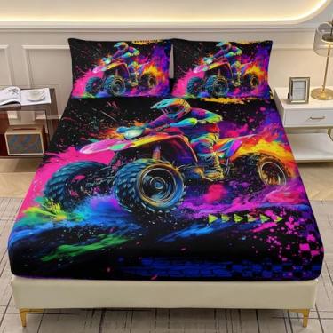 Imagem de AILONEN Jogo de lençol Queen de corrida off-road, motocross, neon, carro de corrida, corrida, esportes radicais, lençol com elástico com 2 fronhas, 3 peças