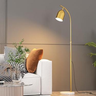 Imagem de Luminária de chão em metal polido, preta/dourada, estilo nórdico minimalista, com interruptor de pé, base de mármore e elegante, ideal para sala de estar e quarto.