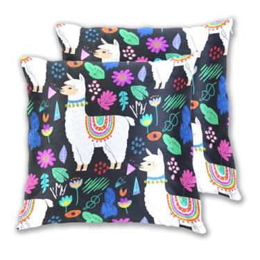 Imagem de Joitme Conjunto de 2 fronhas fofas de lhama branca colorida com desenho animado para decoração de quarto de cama, 50 x 50 cm, 2 peças