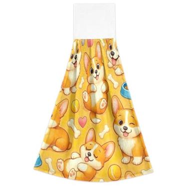 Imagem de Joisal Toalhas de mão fofas de cachorro amarelo primavera com laço para pendurar toalha de forno absorvente macio bonito conjunto de toalhas de cozinha de 2, 45 x 35 centímetros