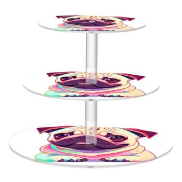 Imagem de Suporte de cupcake de 3 níveis para chá de aniversário, torre de cupcake, exibição de acrílico, lindo cachorro pug, arte pop, suporte de sobremesa, bandeja de comida para servir prateleiras