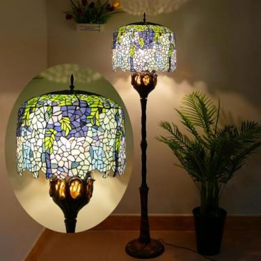 Imagem de Luminária de chão estilo Tiffany com vitral azul e glicínias, 45,7 x 45,7 x 170,2 cm (18 x 18 x 67 polegadas), estilo antigo, para canto, decoração de quarto, sala de estar ou escritório.