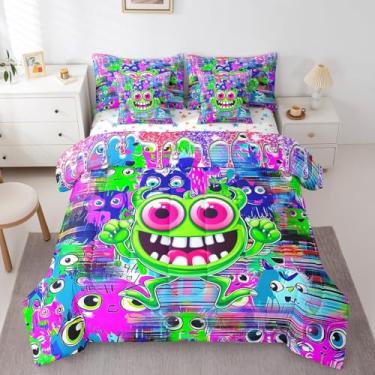 Imagem de Feelyou Conjunto de edredom solteiro com desenho animado de monstro fofo, 7 peças, verde, roxo, para adultos, meninos, meninas, conjunto de cama kawaii