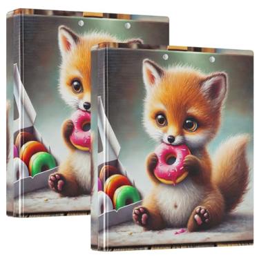 Imagem de Cute Fox Donut Treat 1 1/2 polegadas 3 fichários com 3 anéis comporta 200 folhas, portfólio de pastas fofas, anel redondo, fichário de escritório, 31,5 x 27 x 6 cm, pacote com 2