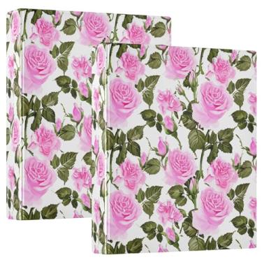 Imagem de Fichários de rosas rosas e folhas verdes de 3 cm com 3 anéis para guardar 200 folhas fofas pastas de portfólio de anel redondo fichário de apresentação, 31,5 x 27 x 6 cm, 1 pacote