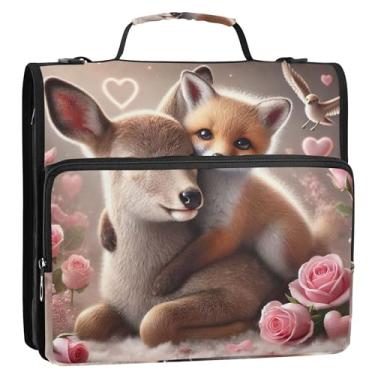 Imagem de Organizador de fichário com zíper de amizade romântica raposa veado 3 argolas anel D 3,8 cm bolsa escolar com alça de ombro estojo portfólio de armazenamento com alça de ombro com alça