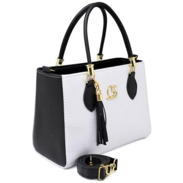 Imagem de Bolsa de Mão Feminina Elegante, Couro Sintético Branco e Azul Claro, Alça Transversal Removível, Detalhe em Tassel (Mistura preto e branco)