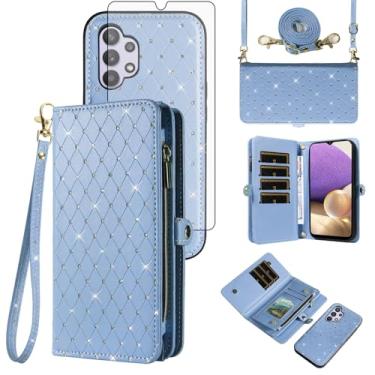 Imagem de Capa de celular para Samsung Galaxy A32 5G 2021 16.5 cm carteira com zíper destacável com protetor de tela, compartimento para cartão flip glitter M32 G5 A 32 32A S32 SM-A326U A326U A326U feminino