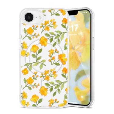 Imagem de EYZUTAK Capa magnética para iPhone 16e com flores compatível com MagSafe, bonita floral elegante estética capa protetora fina transparente antiamarelamento para meninas e mulheres - amarela