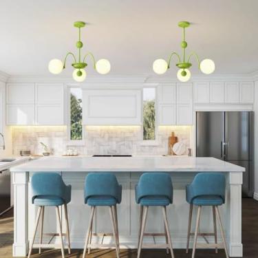 Imagem de Lustre moderno verde com 5 lâmpadas, estilo esfera Sputnik, luminária pendente criativa em vidro branco leitoso para quarto infantil, hall de entrada, sala de jantar, ilha de cozinha, sala d