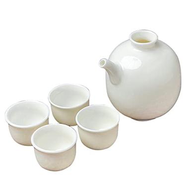 Imagem de Conjunto de saquê de cerâmica, conjunto de saquê de cerâmica, copo de saquê de cerâmica tradicional feito à mão, garrafa de saquê de cerâmica de porcelana, artesanato, 1 pote e 4 xícaras