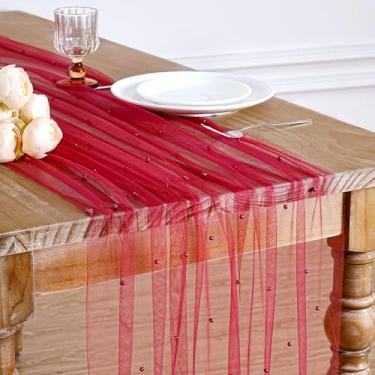 Imagem de LuoluoHouse Tecido de corredor de mesa de tule pérola: véu de Natal vermelho 3 m sobremesa chiffon pérola renda boho glitter sobreposição casamento corredor corredor decorações de festa doilies