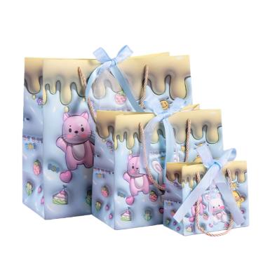 Imagem de Conjunto de sacola de presente, lindo papelão de animais de desenho animado com alça de corda