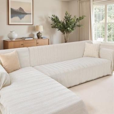 Imagem de CAPALOCA Capas de sofá seccionais, 2 peças, cobertor de chenille em forma de L para sofá secional com padrão de espinha de peixe laváveis (GG: 180 x 279 cm + 180 x 299 cm, creme de amêndoa)