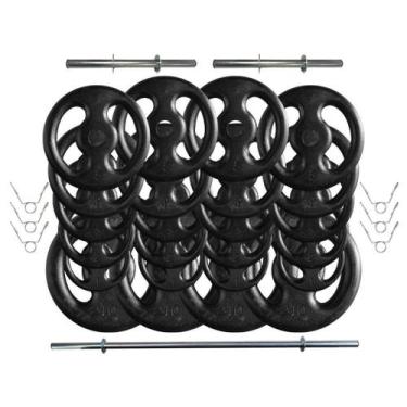 Imagem de Kit 100 Kg de Anilhas Ferro Fundido + Barras de Supino e Halteres - 2M