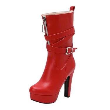 Imagem de Botas femininas de inverno sólidas bico redondo com zíper frontal à prova d'água salto alto cano médio, Vermelho, 34