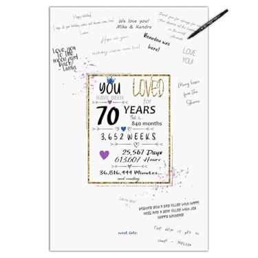 Imagem de Pôster de livro de visitas de festa de aniversário de 70 anos - Banner de decoração de mesa central para mulheres ou homens que completam 70 anos - Sweet Guest Book Alternative - Placa de lembrança de