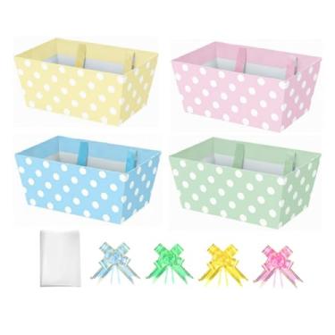 Imagem de Moinchore Conjunto de 12 cestas de Páscoa para presentes, vazia, 24 x 15 cm, linda bandeja colorida de mercado com laços, sacos de celofane, azulejos torcidos, vazia para encher para artigos de festa