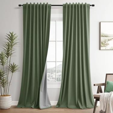 Imagem de Cortinas blackout verde-oliva de linho para sala de estar, 250 cm de comprimento, conjunto com 2 painéis, abas traseiras, isolamento térmico, isolamento térmico, à prova de som, cortinas de