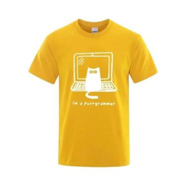 Imagem de Camiseta Masculina Engraçada Com Estampa De Gato Programador, Algodão,
