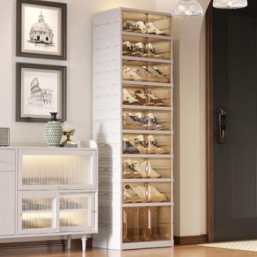 Imagem de ROOM127 Prateleira dobrável para armário de sapatos, organizador portátil para entrada de armário, armário empilhável de sapatos de armazenamento de tênis com porta transparente, armário de