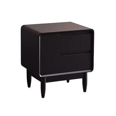 Imagem de Mesa de cabeceira moderna de madeira com gaveta dupla, grande capacidade, mesa de cabeceira, simples, cor sólida, puxadores invisíveis, móveis de cabeceira práticos (preto)