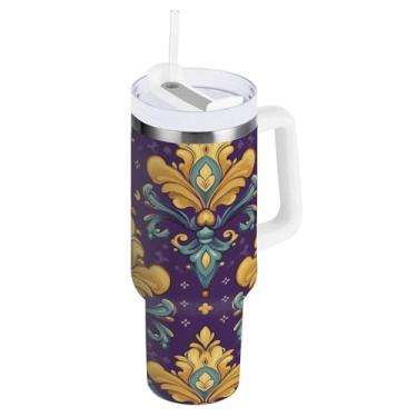 Imagem de Blueangle Copo isolado para Mardi Gras de 1,134 g com alça e tampa de palha, caneca de viagem reutilizável de aço inoxidável (95)