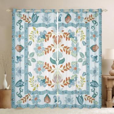 Imagem de jejeloiu Cortina floral (2 painéis, 132 x 213 cm) para meninos e meninas vinatge botânica verde cortinas de janela para crianças retrô boho flores 30%-50% blackout tratamentos de janela laranja azul