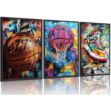 Imagem de Conjunto de 3 peças de arte de parede em tela de grafite de basquete, decoração de parede, estilo urbano, cesta de basquete, estampa motivacional, estética, pintura, artwrok, para quarto, sala de