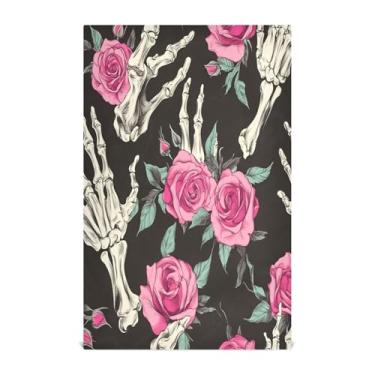 Imagem de Wassud Toalhas de cozinha rosas e mãos esqueléticas toalhas de prato de cozinha 1 pacote panos de prato macios com laço para pendurar toalha de mão de secagem rápida super absorvente toalhas de chá de