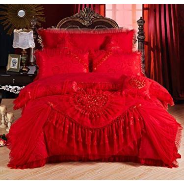Imagem de 4/6/8 peças conjunto de capa de cama de renda vermelho/rosa casamento s saia de cama de casal lençol 2 King Size 4 peças (2 King Size 9 peças)