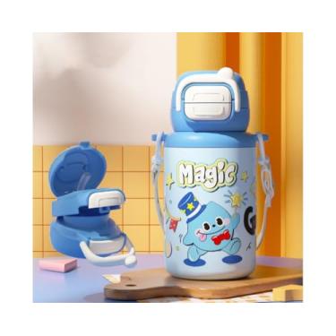 Imagem de Garrafa de Água Infantil Térmica 500ml com Canudo Antivazamento – Squeeze Escolar para Crianças, Tampa Segura, Livre de BPA (AZUL)