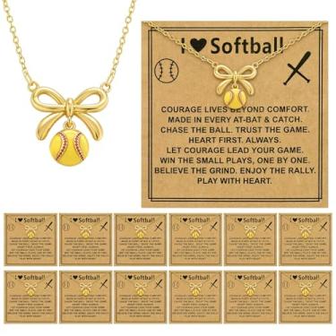 Imagem de Kingdder Conjunto de 12 colares de softbol para mulheres, pingente de laço de latão inspirador, ajustável, presentes de aniversário e dia dos namorados, para jogadores treinadores de equipe, amantes
