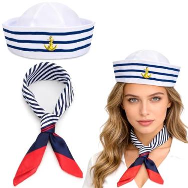 Imagem de 2 peças de lenço de boné de marinheiro, chapéu de capitão branco com cachecol de marinheiro, acessórios de fantasia para homens e mulheres para festa de fantasia de capitão