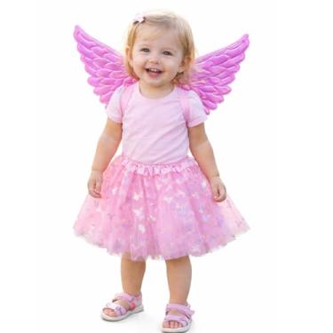 Imagem de Fantasia Bebê Anjinha Rosa com Asas – Saia de Tule Borboletas, Roupa Infantil para Festa e Aniversário (Rosa, 1 a 3 anos)
