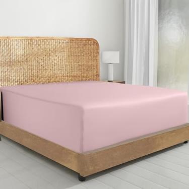 Imagem de California Design Den Apenas lençol de elástico tamanho casal - 100% algodão orgânico percal, lençol com elástico alto, leve, nítido e durável (rosa - tom giz)