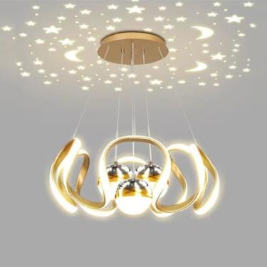 Imagem de Luminária pendente LED moderna, lustre espiral curvo de 65W com projeção de estrelas, 46,5 cm de largura, dimerizável em 3 níveis (3000K-4500K-6000K), dourada (Dourada: 3 bolas)
