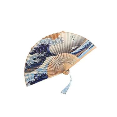Imagem de Leque Japonês Dobrável Artesanal Vintage Com Estampa De Onda De Kanaga