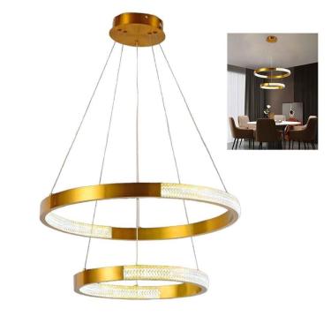 Imagem de Lustre Pendente 2 Aneis Arco Cristal Dourado Luminaria 52w Led Iluminaçao Ambiente Sala De Estar