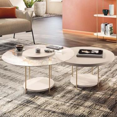 Imagem de Mesa de Centro Para Sala Pés Metálicos Kit 2 Sky Off White - HB Móveis