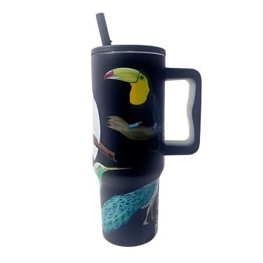 Imagem de Copo Térmico Alça Canudo Aves Tropicais Aço Inox 1200ml - Estampa Vibrante, Alta Capacidade E Conservação Modelo:c1