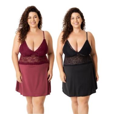 Imagem de Kit 2 Camisola Plus Size Feminina Sensual Microfibra com Renda Sem Boj