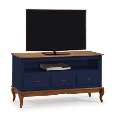 Imagem de Rack para Sala com Pés Luis XV 60501 Linz Móveis 3 Gavetas e Nicho - Azul Petróleo/Imbuia Glazer