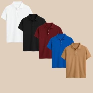 Imagem de Kit Com 5 Camisas Polo Masculina Clássica Piquet Manga Curta com Gola V e Botões-Masculino