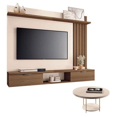 Imagem de Painel Suspenso Lets Castanho Off White com Mesa de Centro Sky Off White - HB Móveis