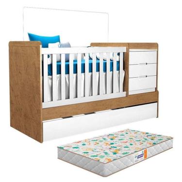 Imagem de Berço Multifuncional Cléo Branco Acetinado Amadeirado com Colchão Gazin - Carolina Móveis