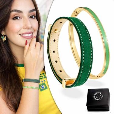 Imagem de Kit 2 Peças Pulseira Copa do Mundo Brasil Couro Bracelete Ouro - GRANA