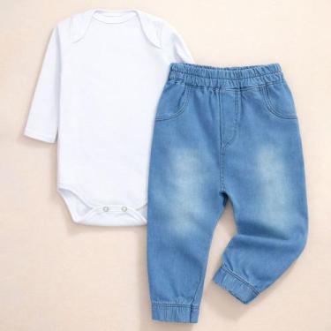Imagem de Conjunto Bebê Body Longo e Calça Jogger Jeans para Passeio Cor:BrancoT