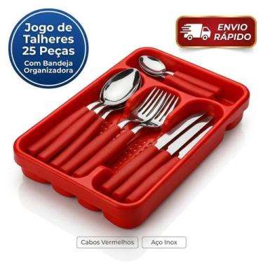 Imagem de Jogo De Talheres Kit 25 Peças Vermelho Inox Com Bandeja Organizadora -