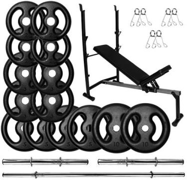 Imagem de Kit Musculação 60Kg Anilhas com Barras de 40cm e 1,50m + Banco Supino 